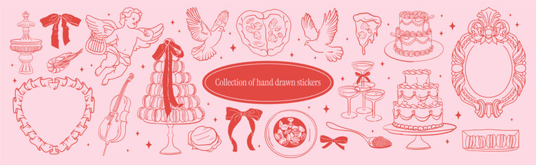 Wall Mural - romantic cute illustration collection. angel with harp, doves, macaroons decorated with ribbon bow, 
