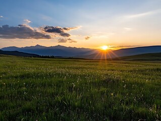 Poster - Idyllic Sunset Over Lush Mountain Meadow With Vibrant Sky and Rolling Hills : Generative AI