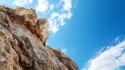 Poster - Rugged Stone Cliff Against a Vibrant Blue Sky with Fluffy White Clouds : Generative AI