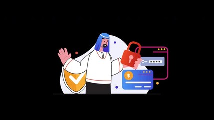 Aufkleber - A Middle Eastern man demonstrates cybersecurity concepts with padlocks and computer icons in a flat design style.