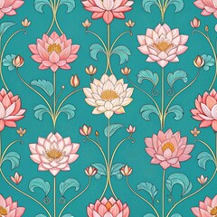 Wall Mural - A seamless pattern with pichwai style lotus arranged in a tile-style repeat on a turquoise background. It can be used for printing on various surfaces like textiles and paper or digital work as well.
