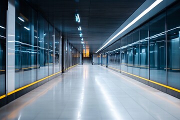 Poster - Modern blue illuminated tunnel with glass walls and geometric perspective : Generative AI