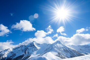 Poster - Majestic snow covered mountains under bright blue sky with sunburst : Generative AI