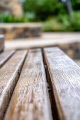 Poster - Blurred closeup of wooden bench with abstract garden background emphasizing tranquility : Generative AI