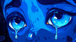 © Thiago - A bright blue cartoon face with exaggerated features and a sorrowful expression, shedding two large, shiny tears that. Snowveil. Illustration