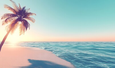  Serene sunset beach scene with palm tree silhouette.