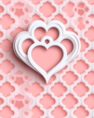 Wall Mural - Three layered white hearts on pink patterned background.