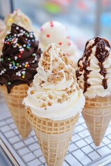 Aufkleber - Delicious gourmet ice cream cones with assorted toppings in waffle cones : Generative AI