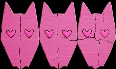 Poster - Three pink cracked cat-shaped figures with hearts.