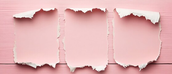 Poster - Three pink torn paper pieces on pink wood.