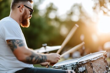 Poster - Passionate Drummer Playing with Energy in Outdoor Concert Setting : Generative AI
