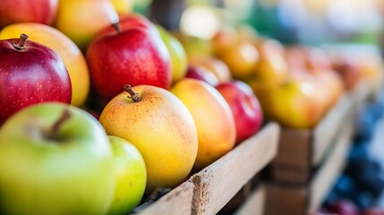 Poster - Vibrant Display of Fresh Multicolored Apples in Wooden Boxes at Farmers Market : Generative AI