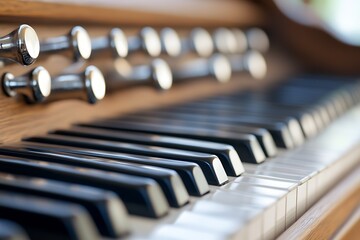 Aufkleber - Close-Up of Vintage Organ Keyboard with Wooden Detail Perfect for Musical Ambiance : Generative AI