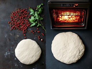 Two balls of dough before and after baking, with spices and herbs.