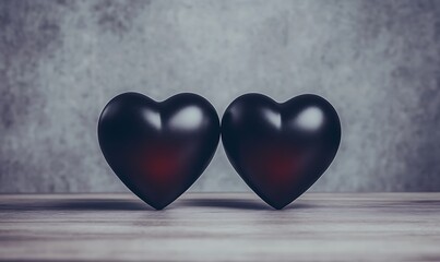 Wall Mural - Two black hearts on wooden surface against gray background.