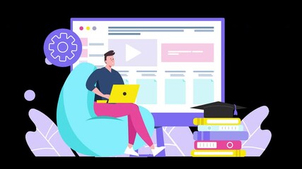 Poster - A European man working on a laptop in a colorful, modern workspace with educational elements.