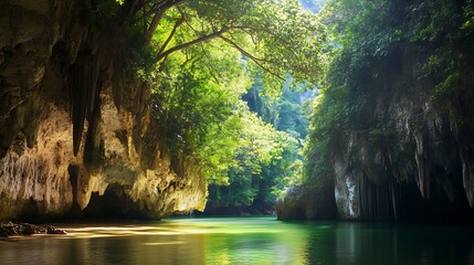 Poster - Lush Jungle River Scene with Sunlit Canopy and Tranquil Water : Generative AI