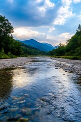 Aufkleber - Tranquil Mountain River Scene with Clear Water and Lush Greenery at Dusk : Generative AI