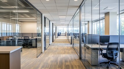 Poster - Modern Office Space with Glass Partitions and Open Workstation Layout : Generative AI