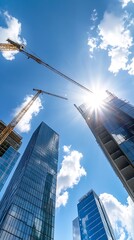 Poster - Modern Skyscrapers and Construction Cranes Against a Bright Blue Sky : Generative AI