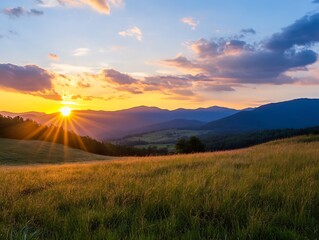 Aufkleber - Breathtaking Sunrise Over Mountain Valley with Vibrant Sky and Lush Green Meadow Landscape : Generative AI