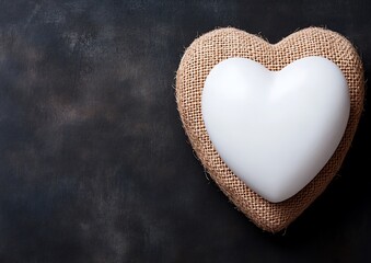 Wall Mural - White heart inside burlap heart on dark background.