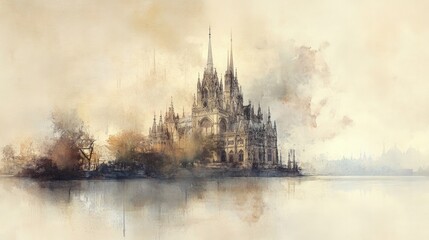 Wall Mural - Watercolor of a classic cathedral exterior with tall spires and ornate facades.
