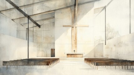 Wall Mural - Serene watercolor of a church with sleek seating and a modest altar.
