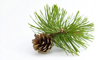 Poster - Minimalist pine branch and cone isolated on white background for nature art : Generative AI