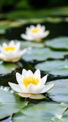 Poster - White Water Lilies Blooming on a Serene Pond Surface | Peaceful Nature Scene with Beautiful Water Plants : Generative AI