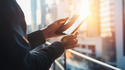 Poster - Businessman Using Smartphone on Balcony Overlooking Cityscape at Sunset : Generative AI