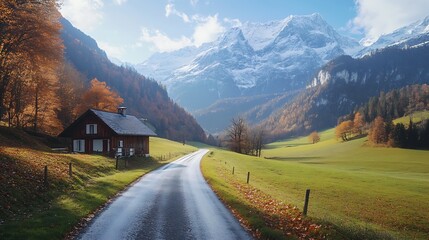 Aufkleber - Scenic Autumn Countryside Road Leading to Snowcapped Mountains and Cozy Cabin Retreat : Generative AI
