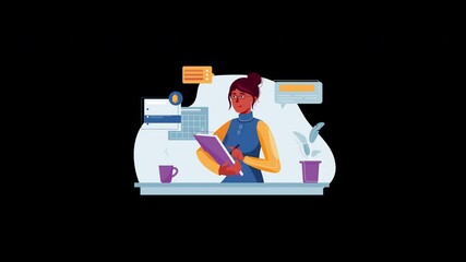 Poster - A female professional of African descent engaged in planning tasks while working, with office elements in the background.