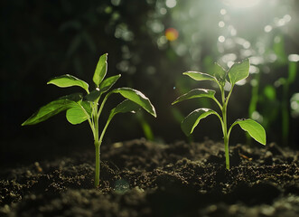 New Life Emerging: Two Young Seedlings in the Morning Sun