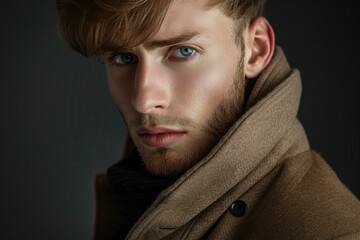 Wall Mural - Stylish man with blue eyes and light brown hair wearing a brown winter coat and a black scarf poses against a dark background