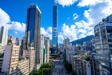 Poster - Modern Skyscrapers in Bustling Cityscape with Bright Blue Sky : Generative AI