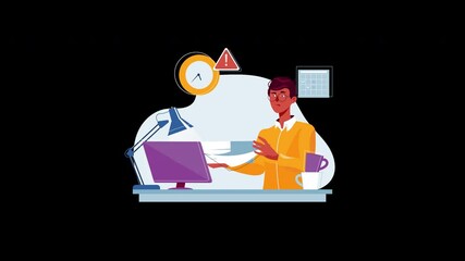 Poster - a young south asian man working at a computer in a cozy, animated office setting.