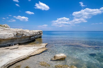 Aufkleber - Idyllic Rocky Shore with Clear Blue Sky and Pristine Sea : Generative AI