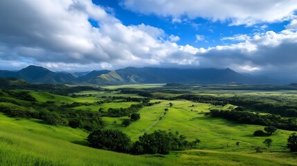 Poster - Lush Green Valley with Majestic Mountains Under Blue Sky and Clouds : Generative AI