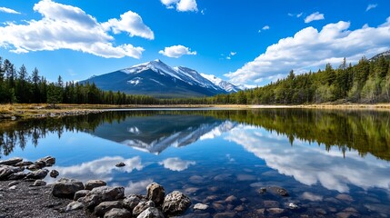 Poster - Serene Mountain and Lake Landscape with Clear Blue Sky and Reflection : Generative AI