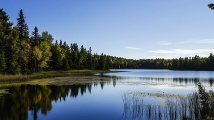 Poster - Serene Lake Surface Reflecting Pristine Forest Under Clear Blue Sky : Generative AI