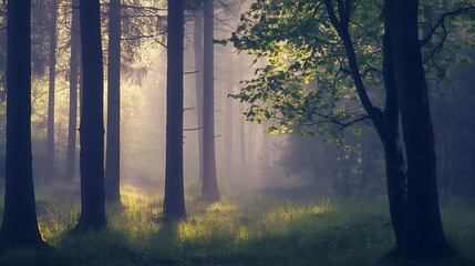Poster - Serene misty forest landscape with sunlight filtering through tall trees in tranquil woodland : Generative AI