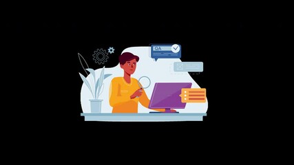 Poster - A woman of African descent working on a computer, analyzing data with a magnifying glass in a modern office setting.