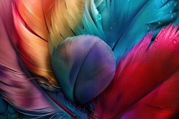 Poster - Colorful feathers with water drops creating a vibrant and textured abstract background