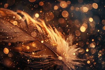 Poster - Brown feather with golden particles glowing on dark bokeh background, creating a magical and luxurious atmosphere