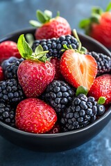 Poster - Fresh strawberries and blackberries in a bowl on a rustic blue background : Generative AI