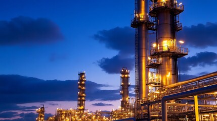 Poster - Industrial Oil Refinery Towers Against Blue Twilight Sky Illuminating Cityscape : Generative AI
