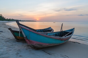 Aufkleber - Colorful Boats Rest on Tropical Beach at Sunrise in Serene Island Paradise : Generative AI