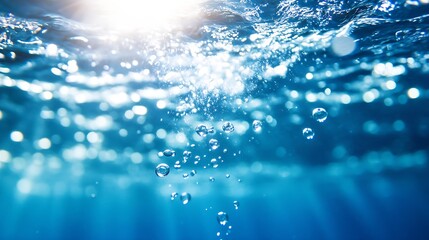 Poster - Underwater Ocean Scene with Glistening Sunlight and Air Bubbles Rising : Generative AI