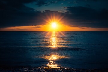 Poster - Stunning Ocean Sunset with Vibrant Colors and Sun Rays Reflecting on Tranquil Sea Waves : Generative AI
